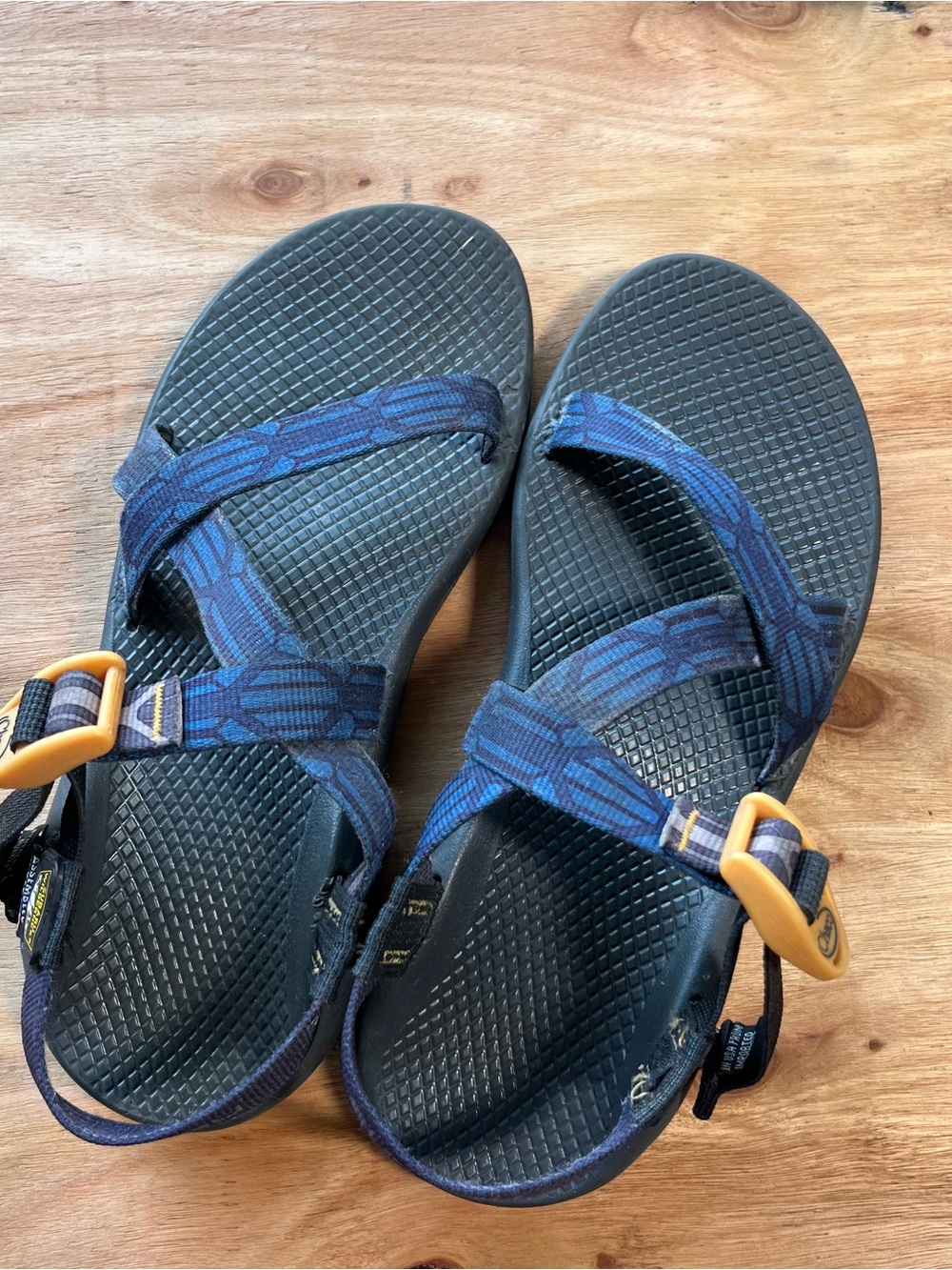 Chaco Blue Patterned Strap Sandals with Yellow Buckles